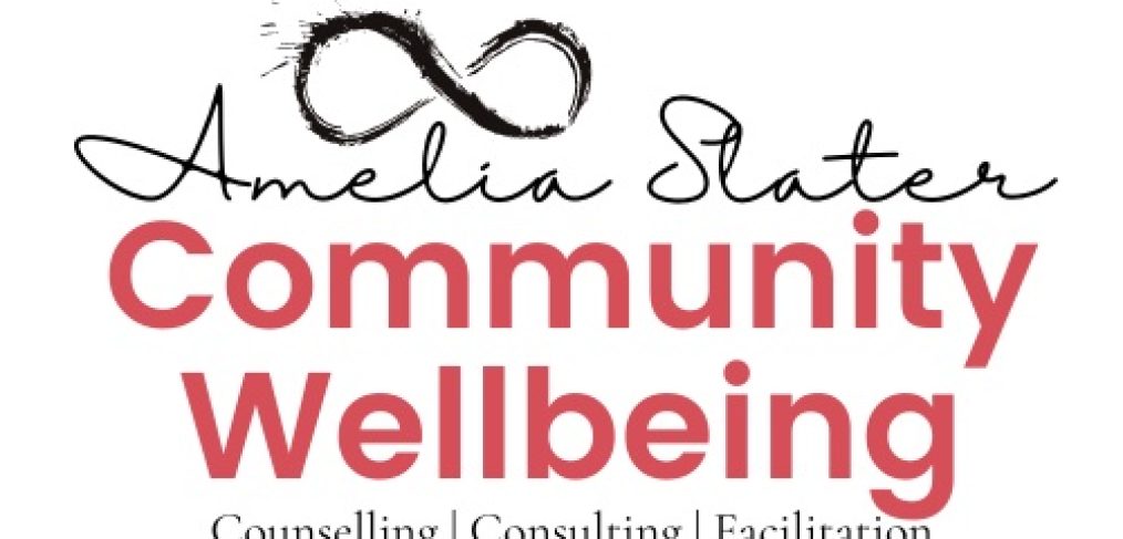 infinite symbol on top. amelia slater community wellbeing. counselling. consulting. facilitation