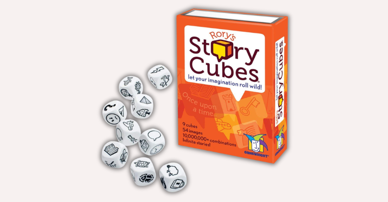 The Rory’s Story Cubes, representing a creative storytelling game that uses illustrated dice to inspire imagination, language development, communication, and creative thinking for children and adults.
