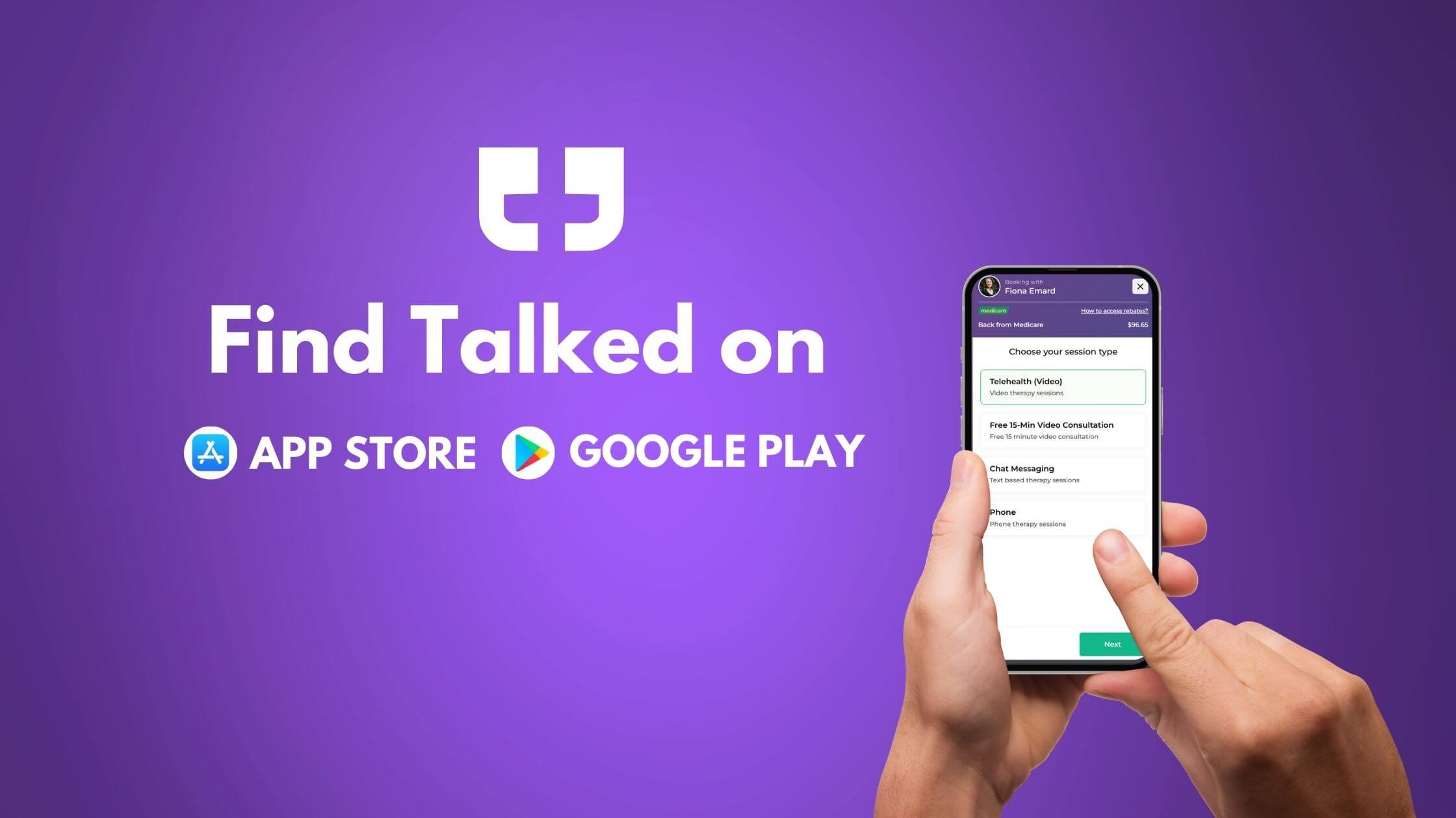 Promotional graphic for the Talked mental health app, showing a hand holding a smartphone with therapy session options on screen, and text reading 'Find Talked on App Store and Google Play' against a purple background.