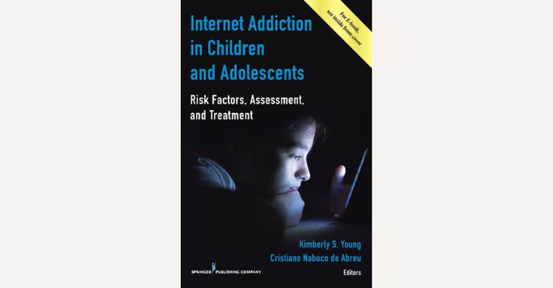 Infographic on internet addiction in children and adolescents, including risk factors, assessment, and treatment approaches.
